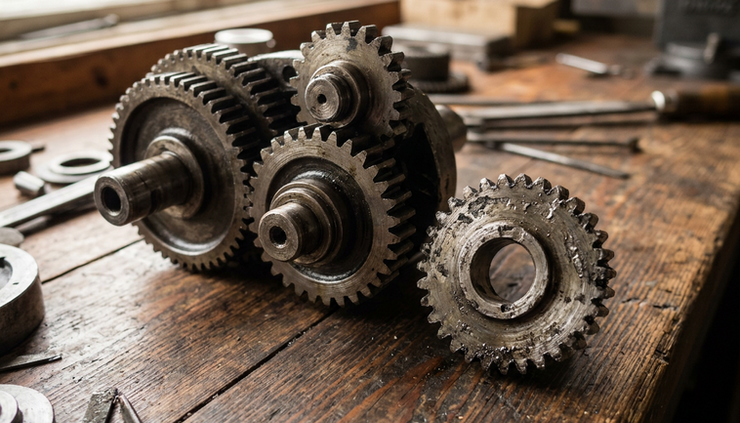 Eye-level view of interlocking metal gears with one worn gear removed for inspection on a workshop bench.