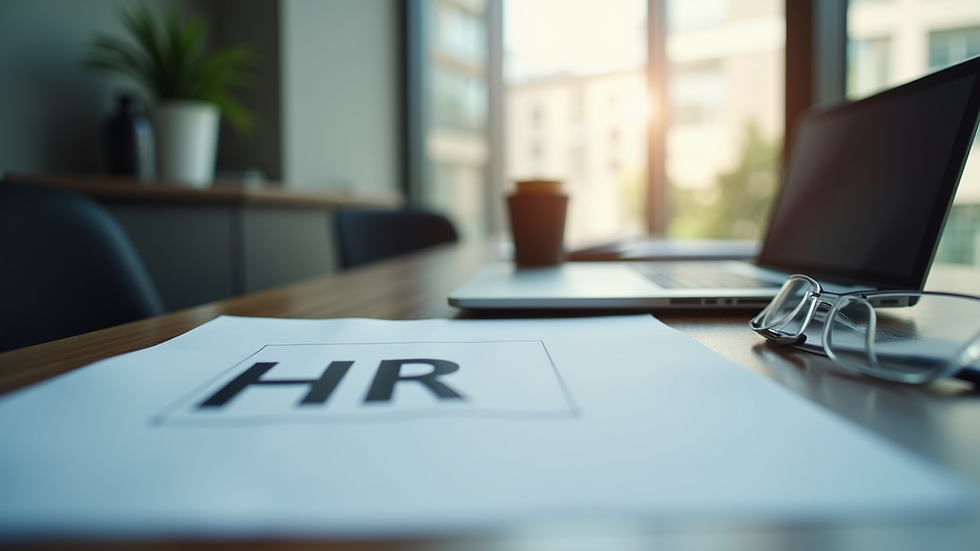 Eye-level view of a modern office desk with HR documents and laptop