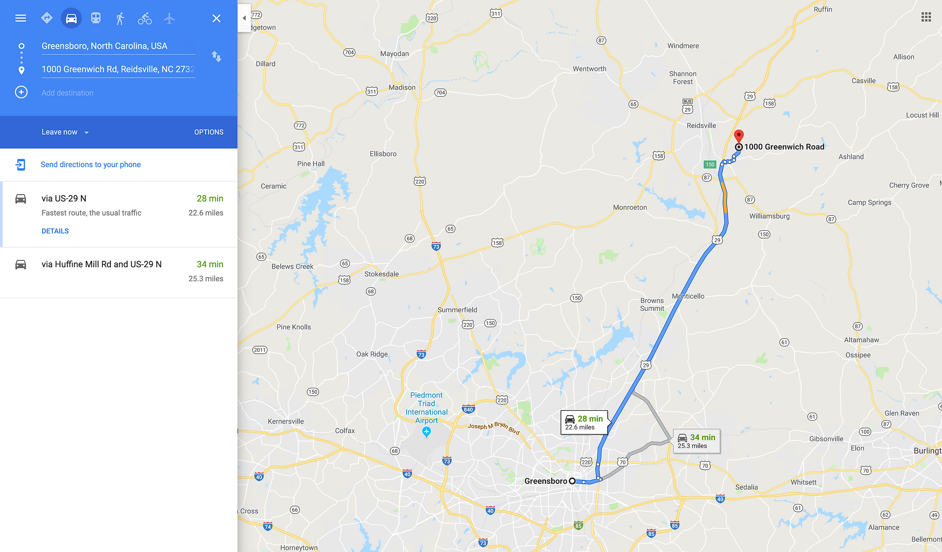 Google Directions to Greensboro, NC