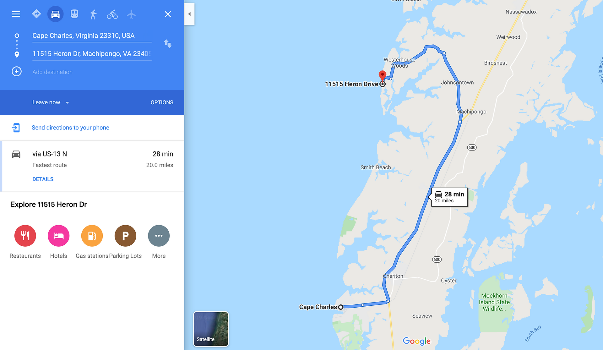 Google direction to Cape Charles Beach, 