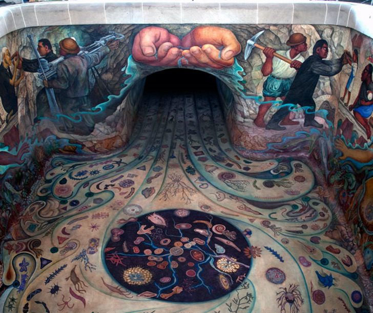 A panel from the underwater mural, El Agua: Origen de la vida en la Tierra, by Diego Rivera, in Mexico City. Photographer unknown.