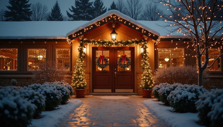Eye-level view of a warmly decorated community center entrance with holiday wreaths and lights