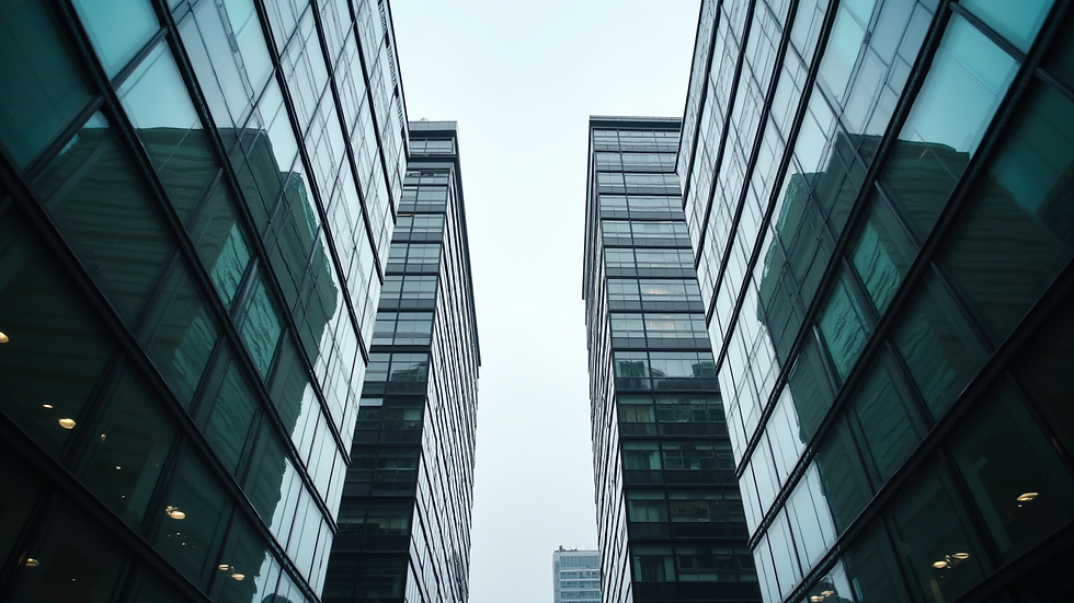 Close-up view of a UK business district with modern office buildings