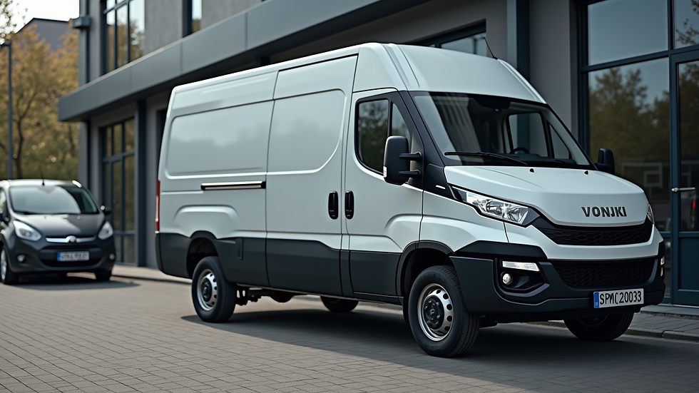 Close-up view of a modern commercial vehicle parked outside a business premises