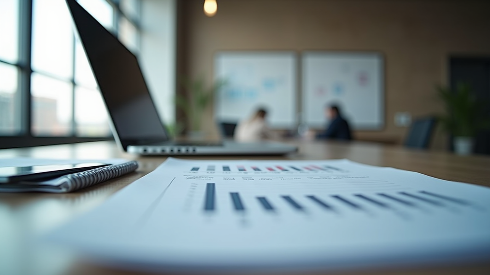 Eye-level view of a modern office desk with a laptop and financial documents