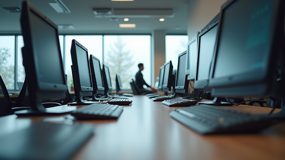 Eye-level view of a modern office with leased computers and equipment