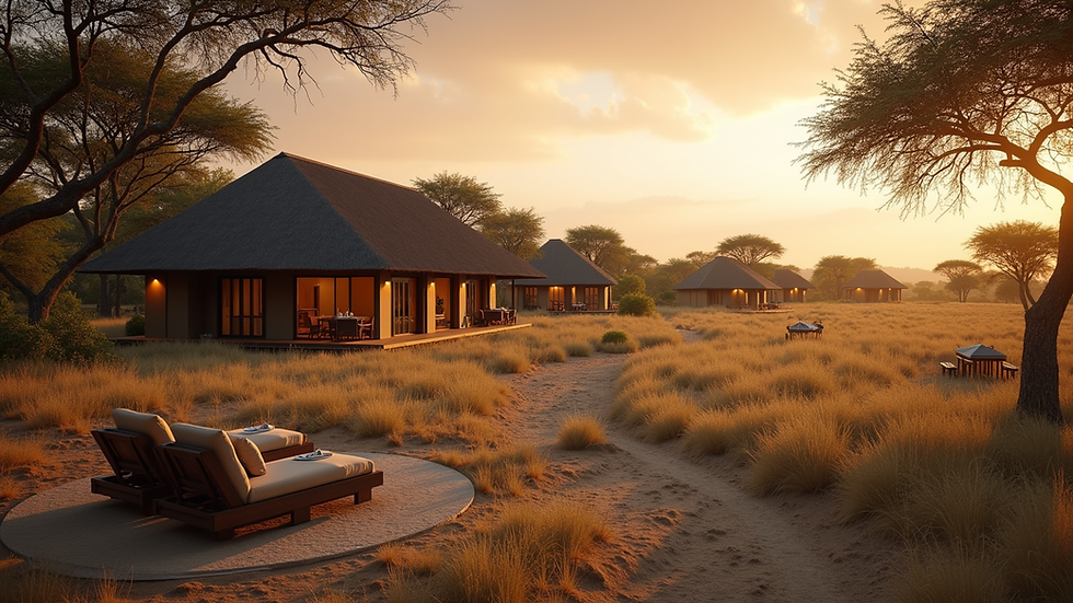 Weitwinkelaufnahme einer luxuriösen Safari-Lodge in der afrikanischen Savanne