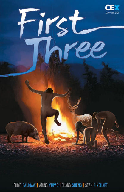 Humans and animals around a campfire