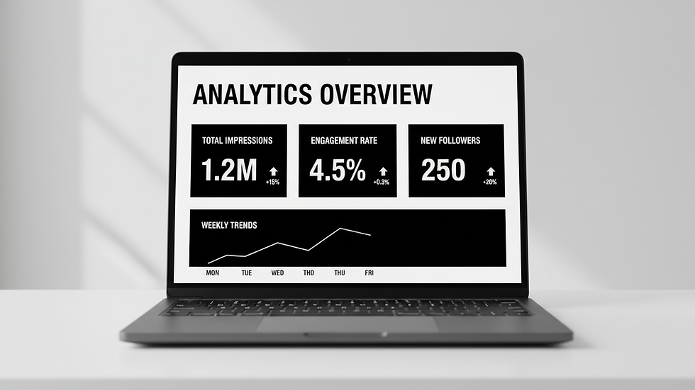 Eye-level view of a laptop screen showing social media analytics dashboard
