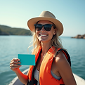 A confident boater smiling while holding a waterproof card on a sunny day near a calm bay.