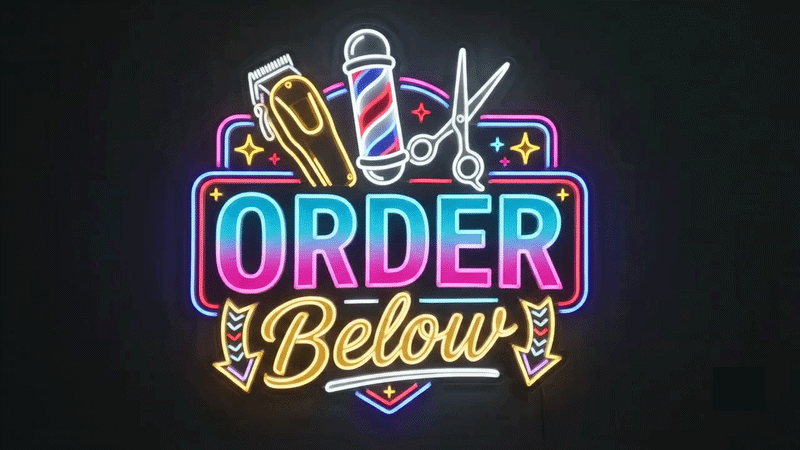 Barber and Beauty Order Below Neon Sign.Barber Pole..gif