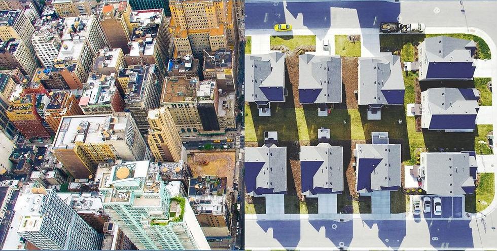 Aerial view of commercial properties and location-based market value