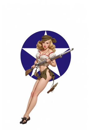Chica pin-up rubia militarizada sostiene rifle frente a insignia estrella.