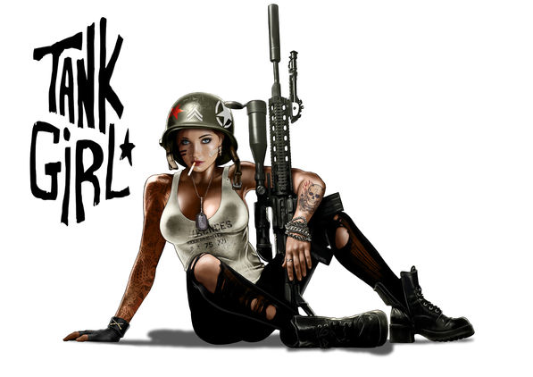 Mujer militar fumando con rifle, texto TANK GIRL, sentada.