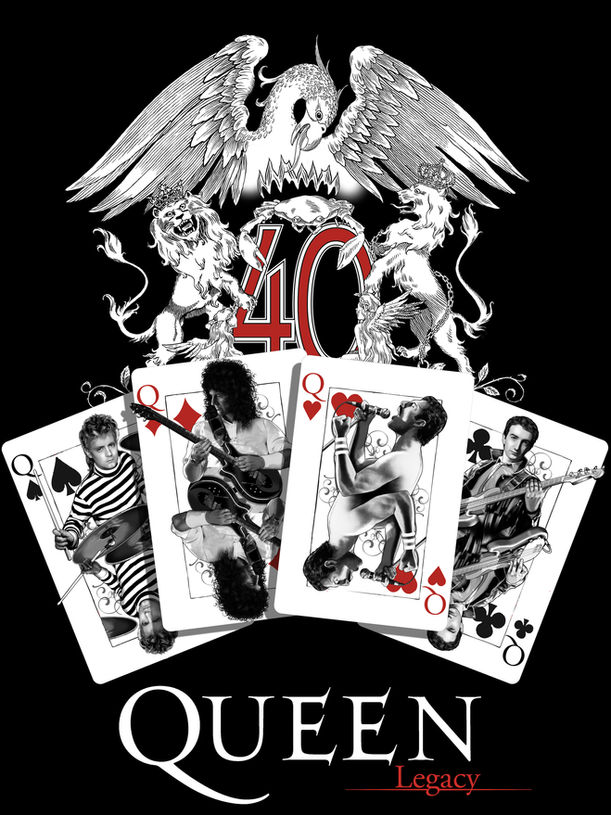 Logo de Queen, miembros en naipes, texto 40, QUEEN, LEGACY.