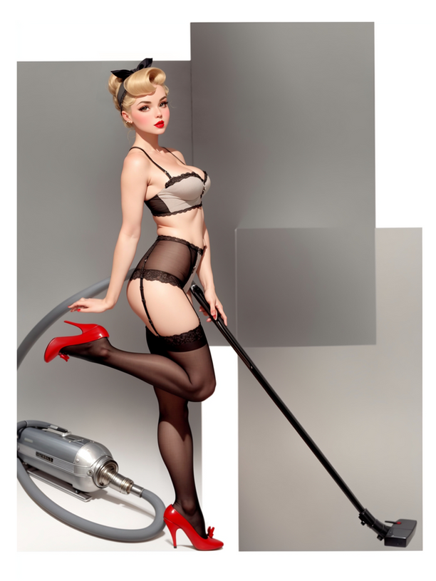 Chica pin-up rubia en lencería posa seductora con aspiradora y tacones.
