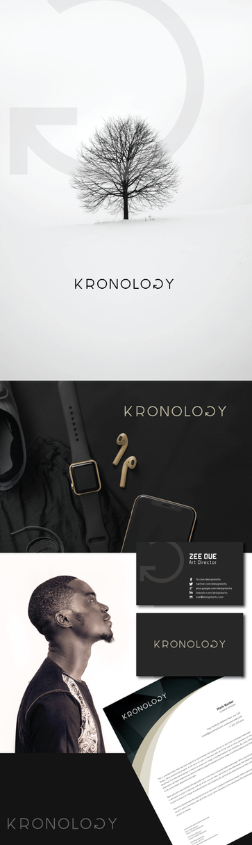 Chronology branding: logo, man's profile, stationery