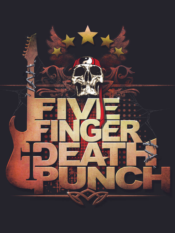 Logo de la banda FIVE FINGER DEATH PUNCH con calavera, guitarra y estrellas.