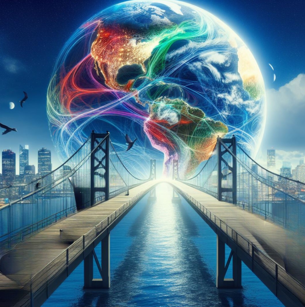 2 connected bridges leading to city skyline under vibrant, colorful Earth with swirling patterns, representing biliteracy. Moon and birds in night sky, reflecting light on water.