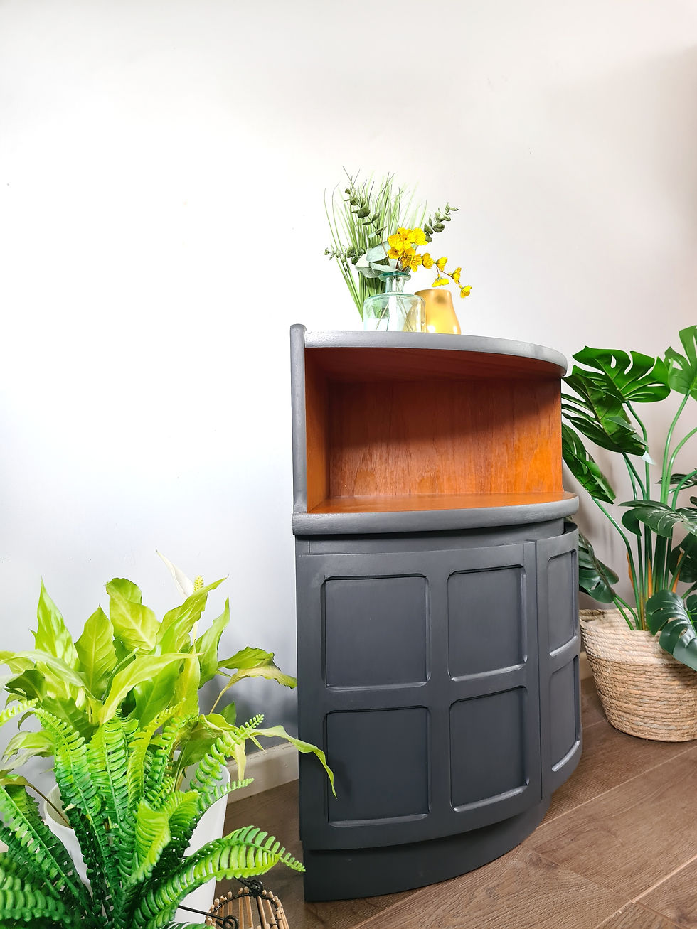 Thumbnail: nathan teak corner unit/ grey corner cupboard/ grey drinks cabinet/ nathn furniture/mcm/hertfordshire/painted grey corner