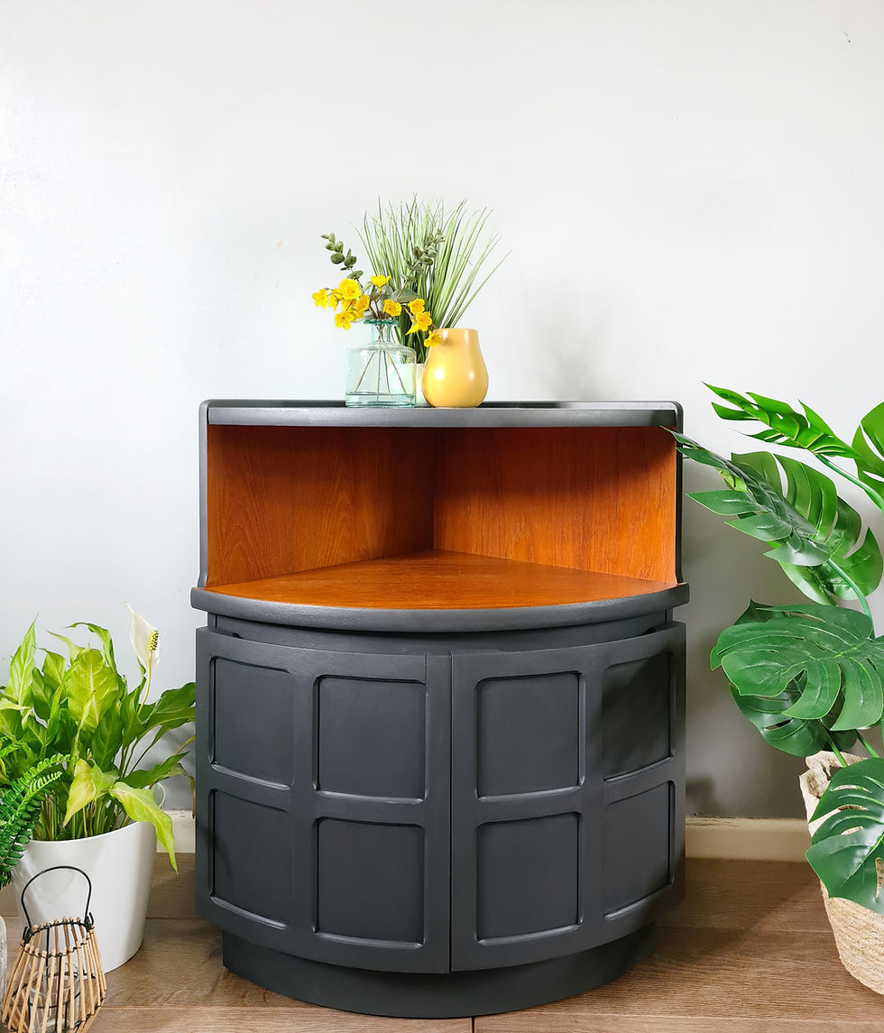 Thumbnail: nathan teak corner unit/ grey corner cupboard/ grey drinks cabinet/ nathn furniture/mcm/hertfordshire/painted grey corner