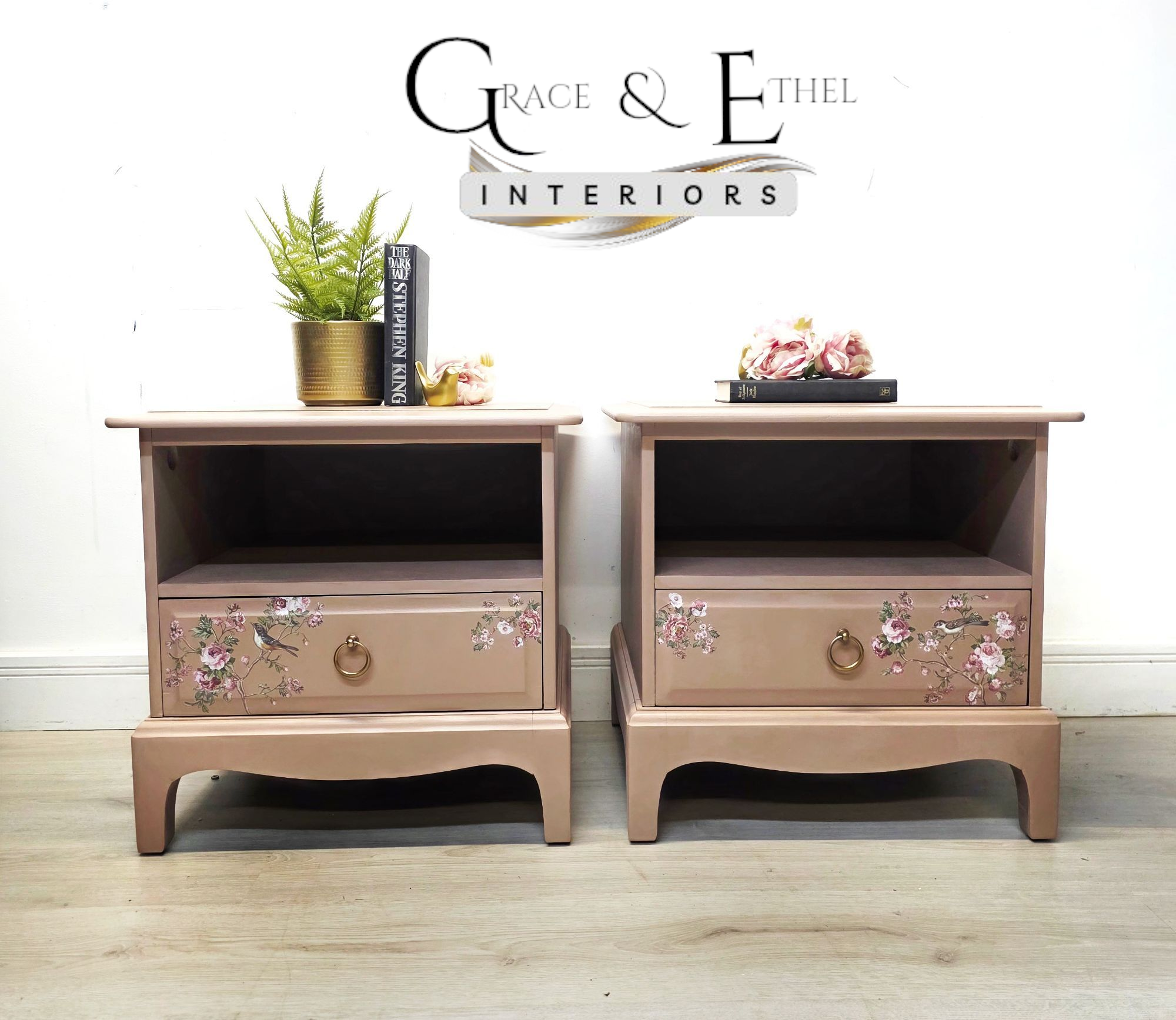 Stag minstrel bedside cabinets in pink