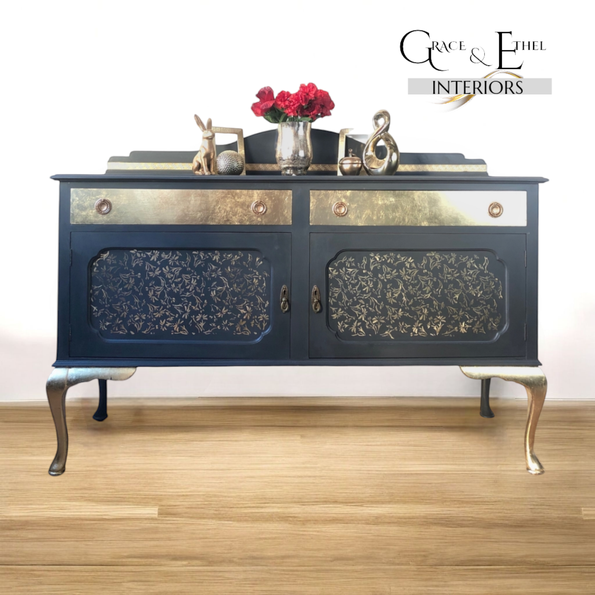gold and grey queen anne style sideboard