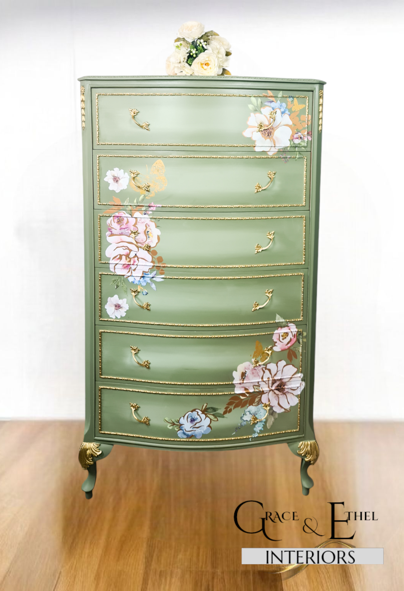 French olympus green louis tallboy drawers