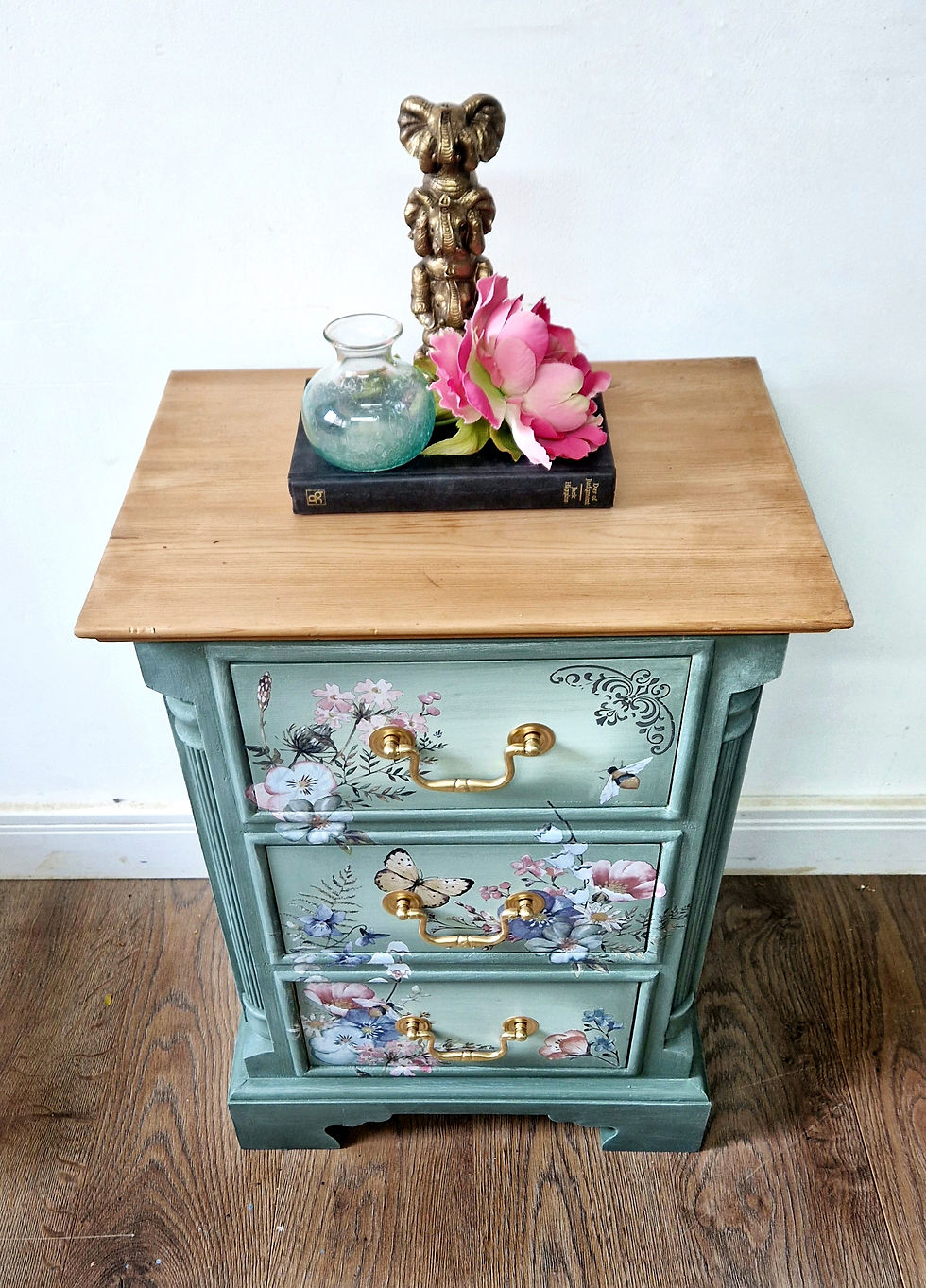 Thumbnail: Solid pine green bedside cabinet/floral nightstand