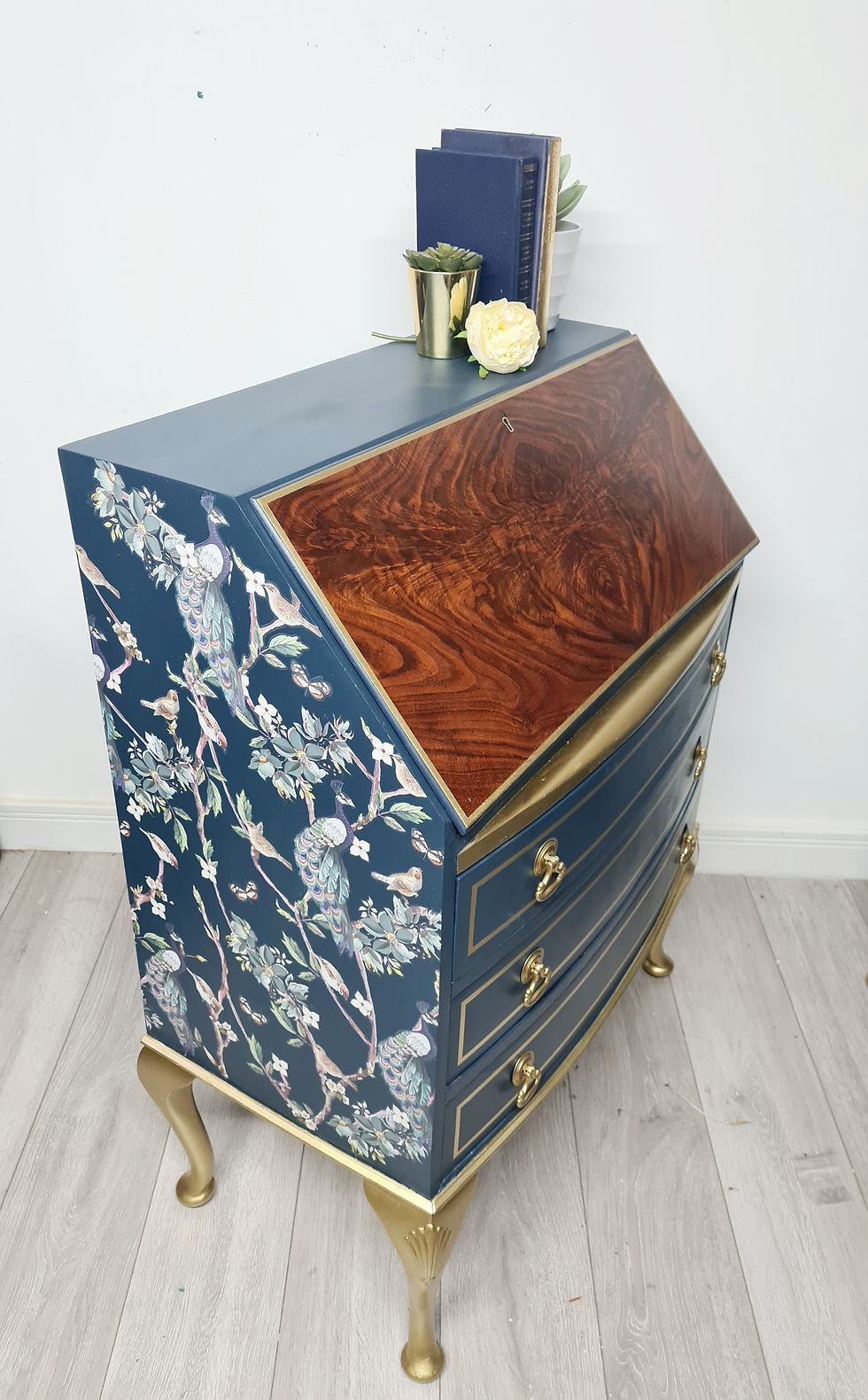 navy blue writing bureau/ navy blue secretary desk/home office desk/peacock design furniture/painted furniture/hertfordshire