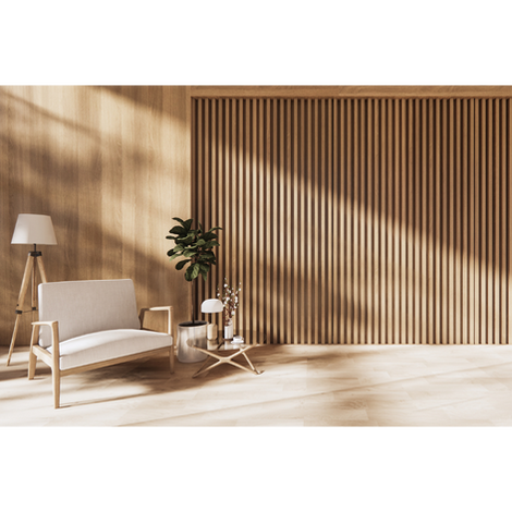 Contemporary garage conversion with vertical wood paneling and cozy seating.