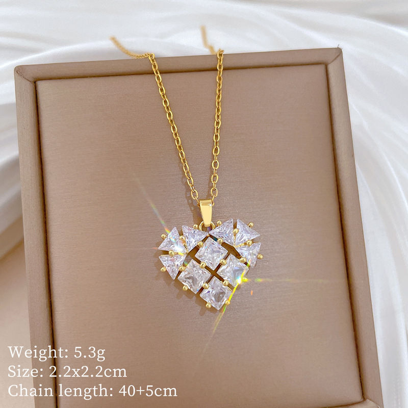 Thumbnail: Luxury Clear Zircon Heart Necklace Dainty Gold Chain Square Triangle Crystal Lov