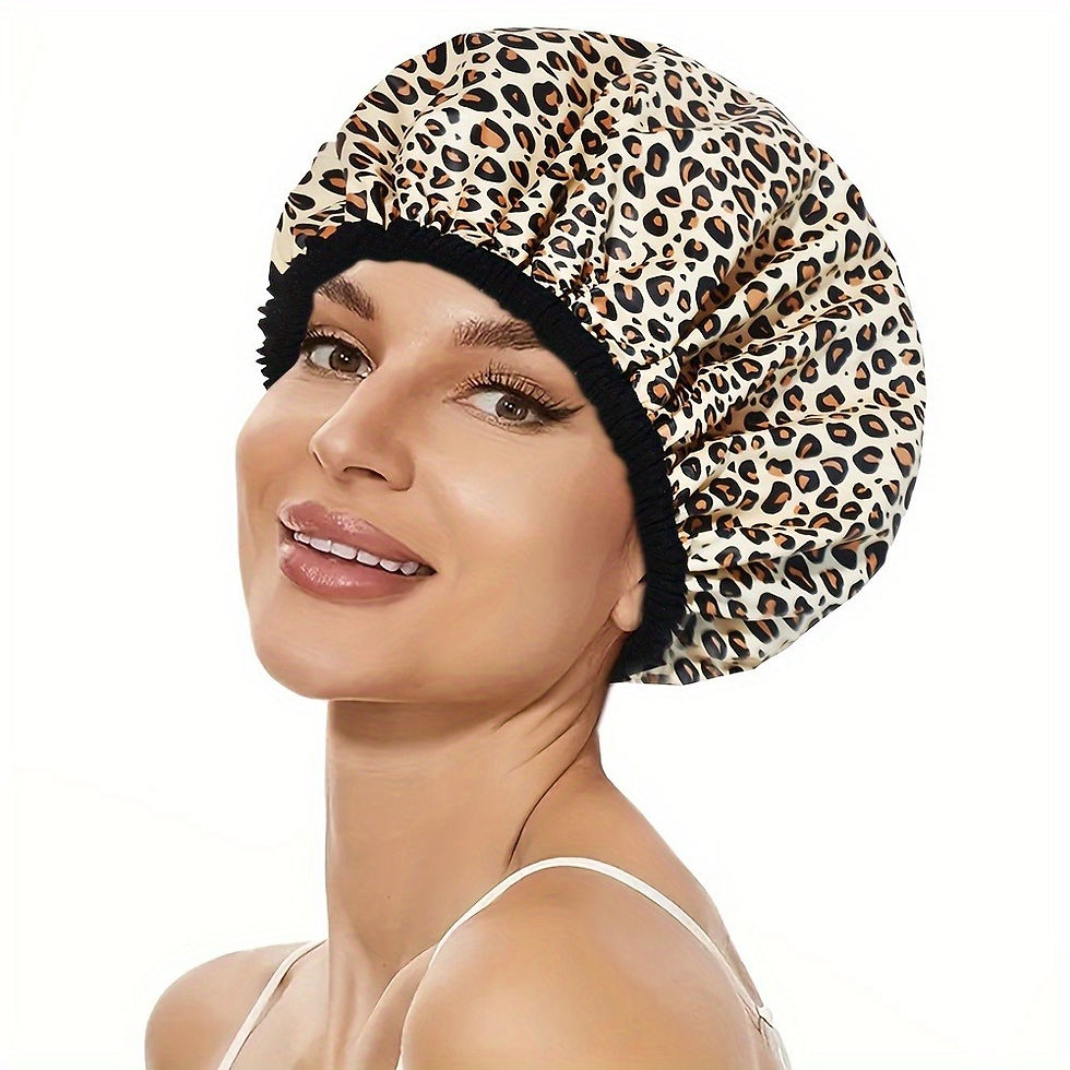 Thumbnail: Leopard Print Double Layer Women Satin Lined Shower Cap Reusable Non Slip Elasti