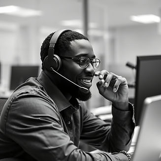 black and white image of a black guy on the phone in the office using a headset.jpg