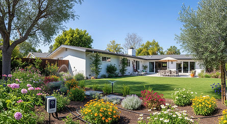 A water-efficient smart irrigation and drip system installed in a residential backyard in Orange County, featuring lush landscaping and a modern home.