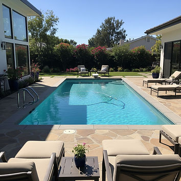Newly constructed inground swimming pool and spa in the backyard of a modern Orange County home, showcasing quality gunite construction and contemporary design for a luxury outdoor living space.