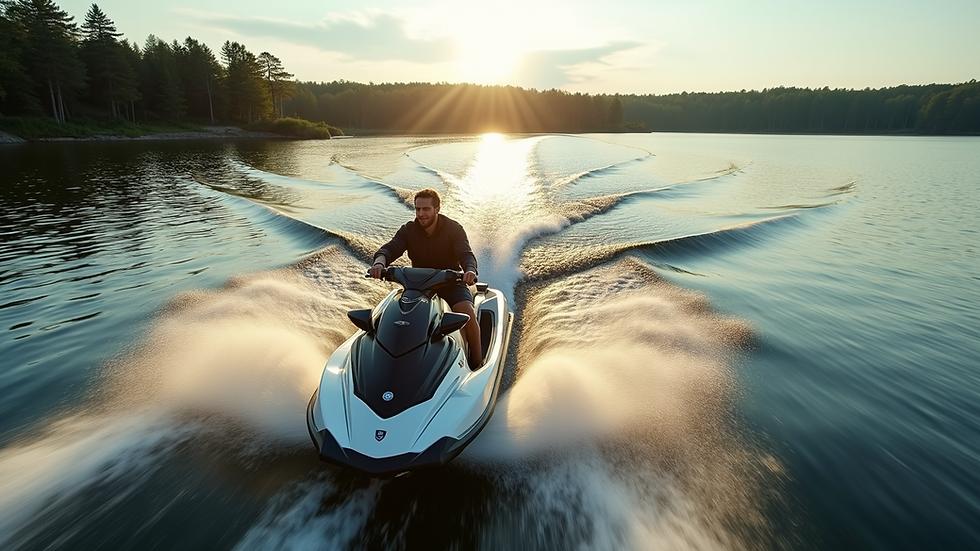 Wide angle view of a jet ski speeding across a Minnesota lake with forested shoreline