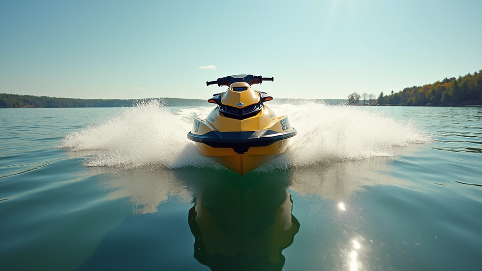 Wide angle view of a Seadoo jet ski speeding across a clear Minnesota lake with water spray behind