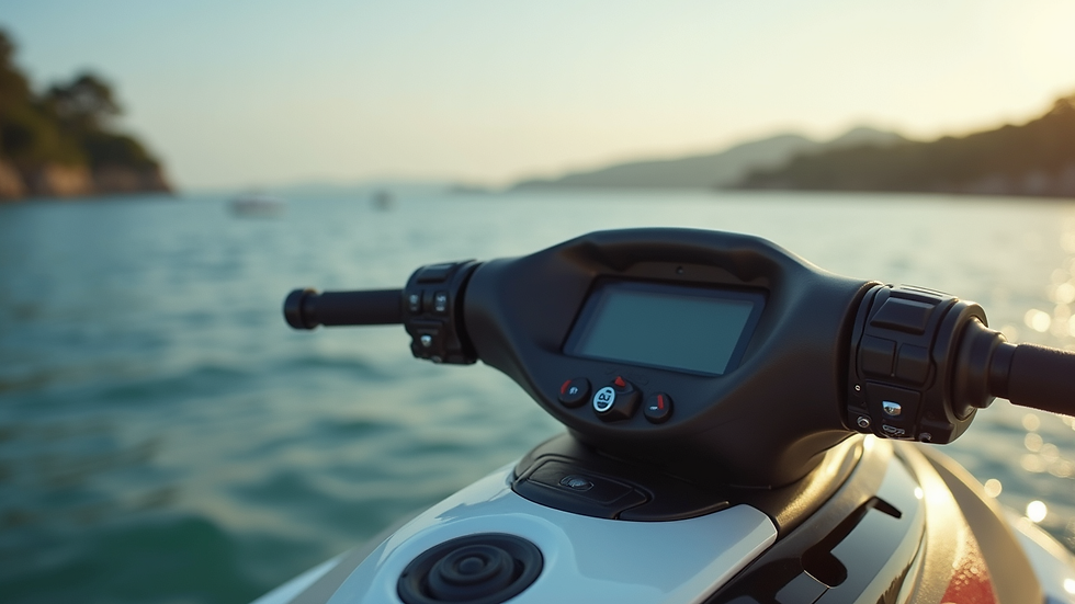Close-up view of a jet ski handlebar and dashboard ready for a ride