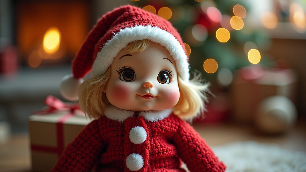 Close-up view of a custom plush doll wearing festive New Year attire