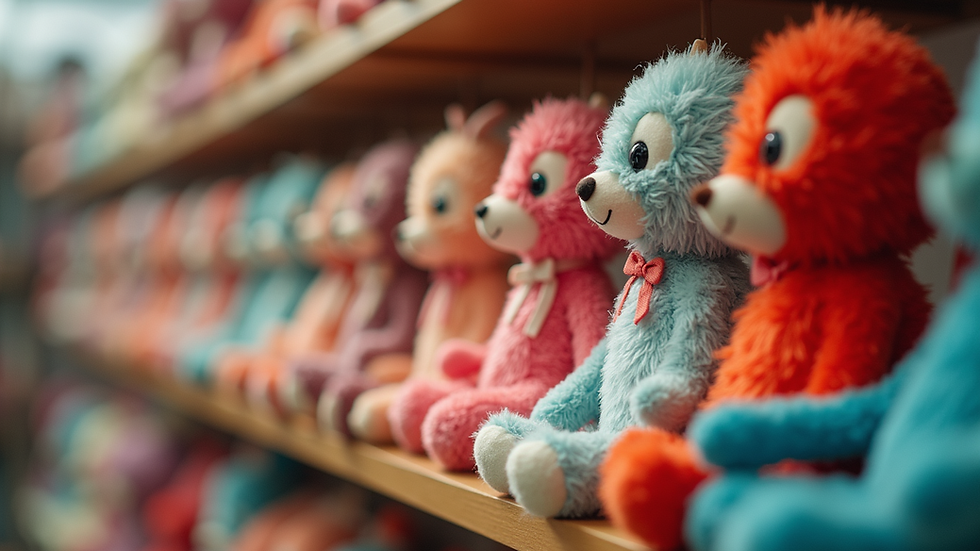 Eye-level view of a collection of colorful custom plush dolls on display