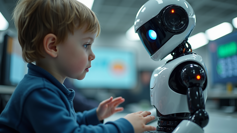 Eye-level view of a child programming a robot