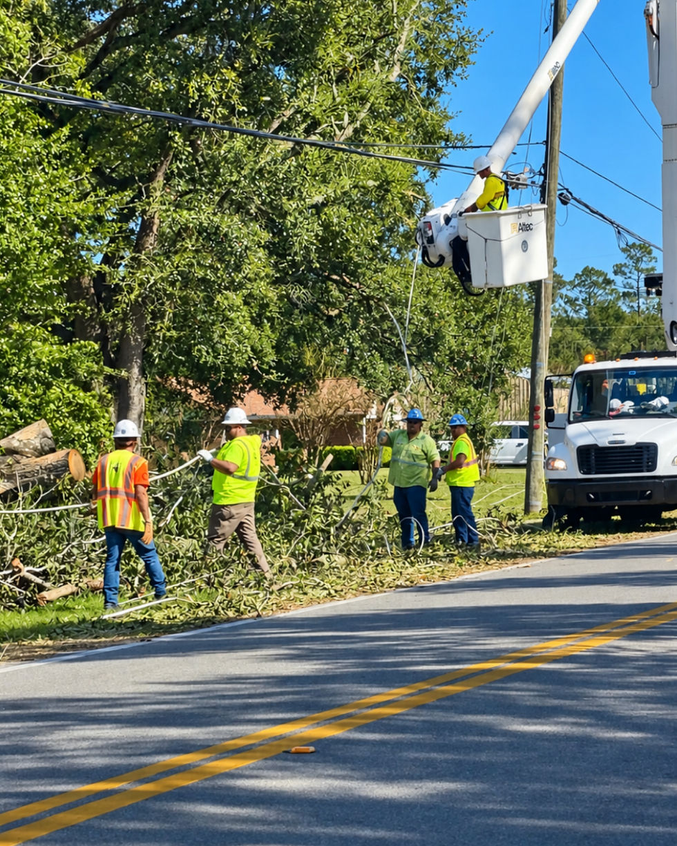 Utility line crew repairing power lines and clearing fallen tree limbs in Pensacola after a hurricane.