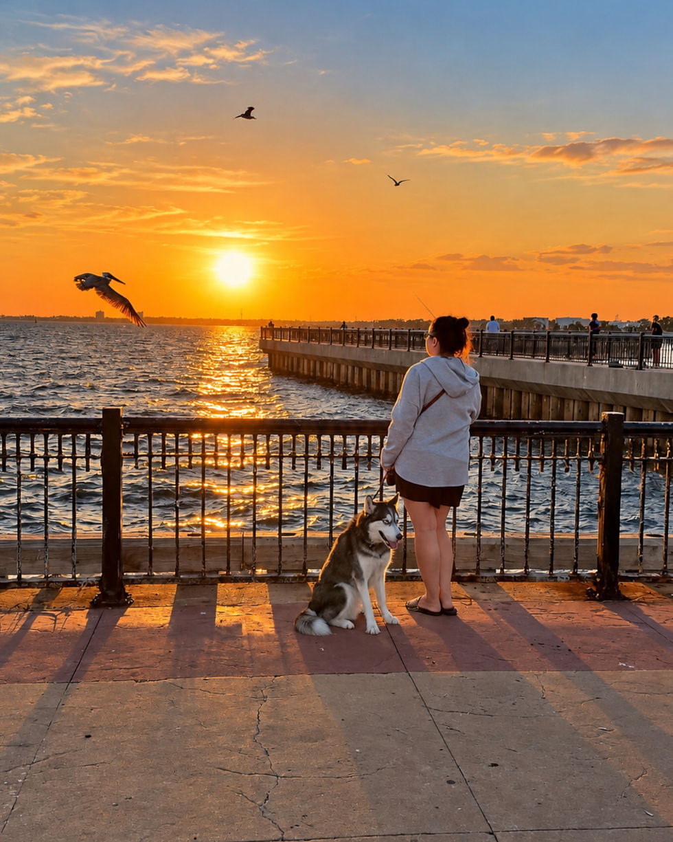 Woman and husky watching a golden sunset over the bay from a waterfront pier in Pensacola, Florida, with a pelican flying overhead."