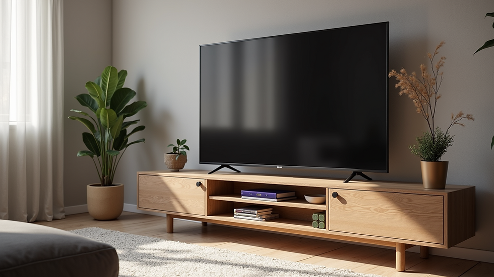 Eye-level view of a Roku TV on a modern entertainment stand