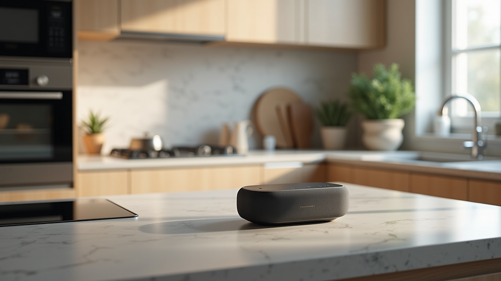 Close-up view of a smart speaker on a kitchen counter