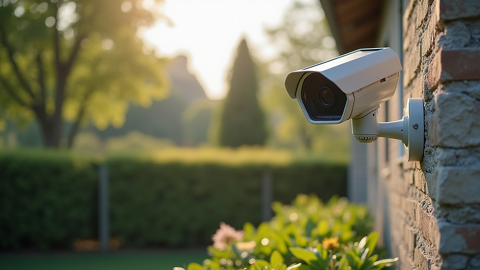 Eye-level view of a solar-powered security camera in a garden