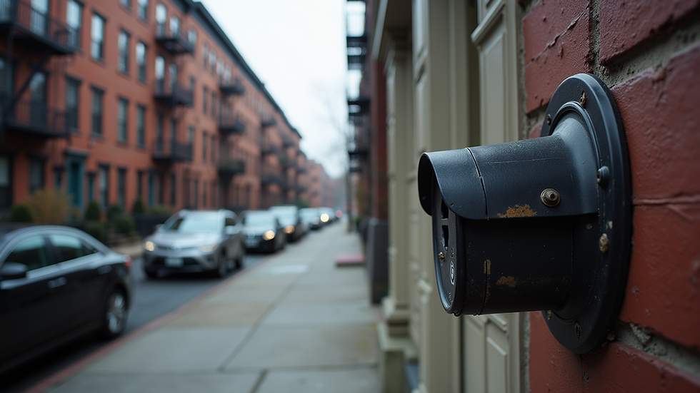 Wide angle view of a Brooklyn neighborhood with security features