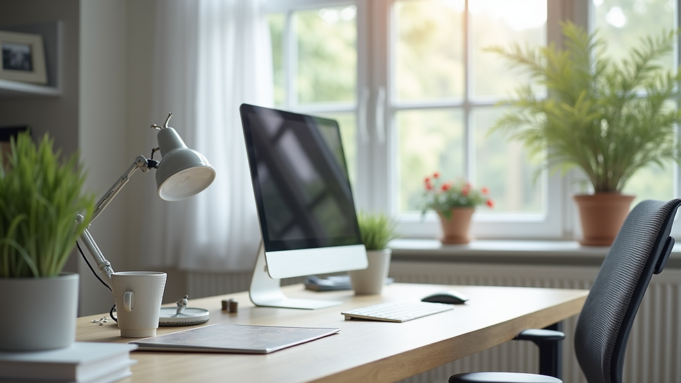 High angle view of a clean and organized workspace with a computer