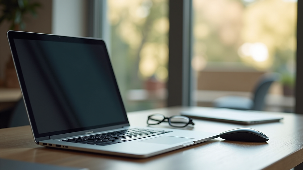 High angle view of a serene workspace with a laptop and tech accessories